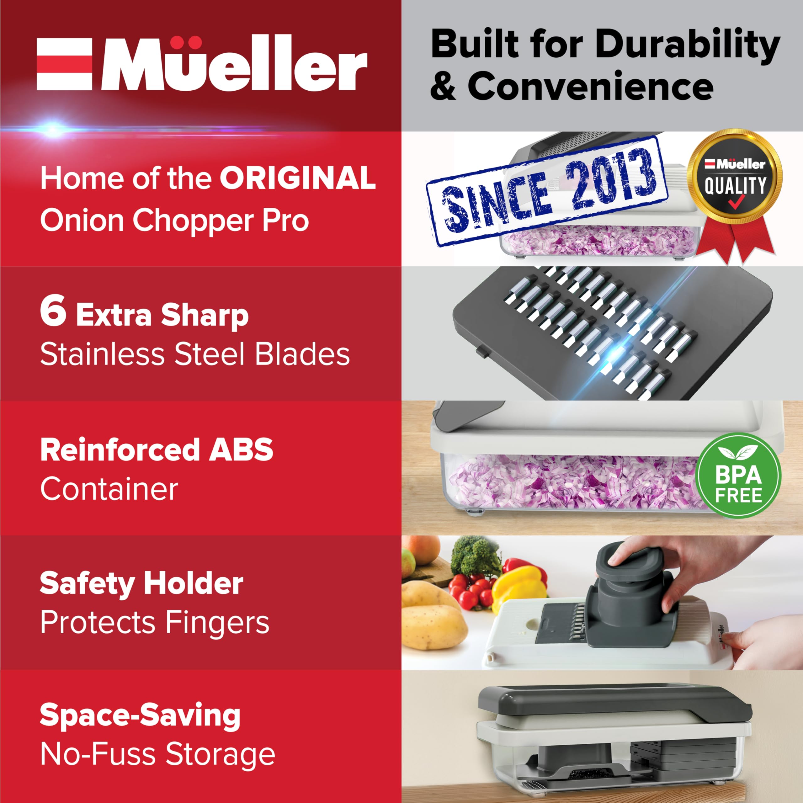 Mueller Vegetable Chopper with interchangeable blades enables quick slicing and dicing.