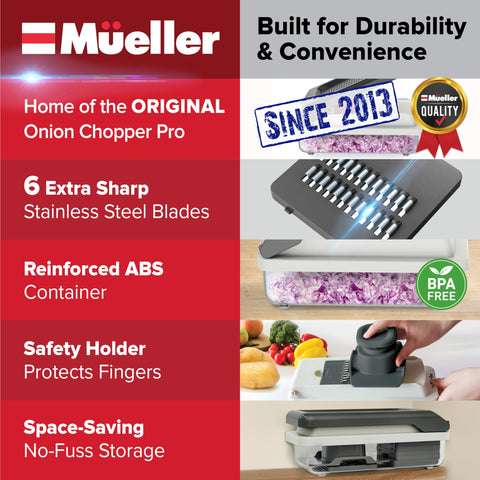 Mueller Vegetable Chopper with interchangeable blades enables quick slicing and dicing.