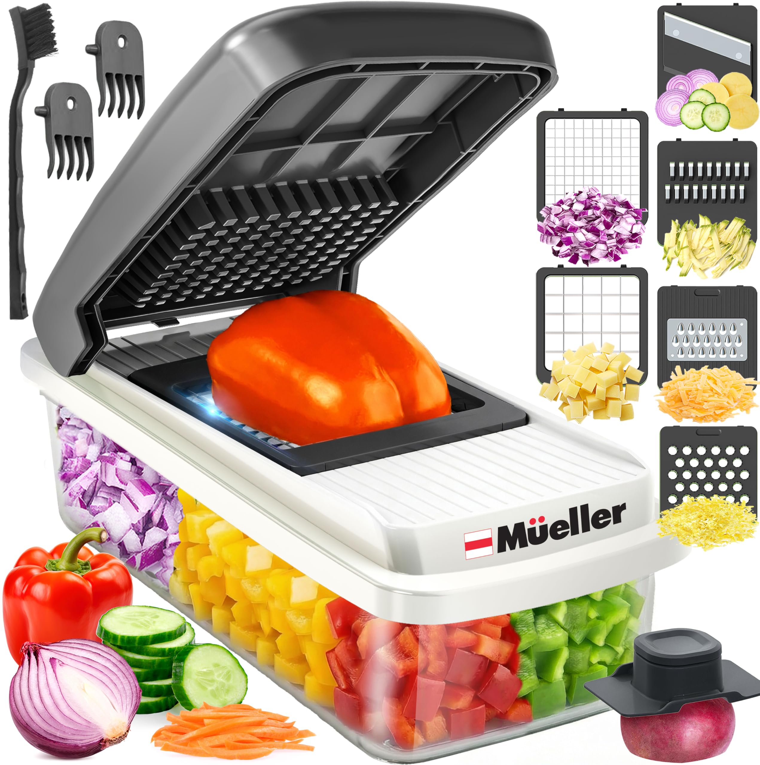 Mueller Vegetable Chopper with container demonstrates mess-free prep.