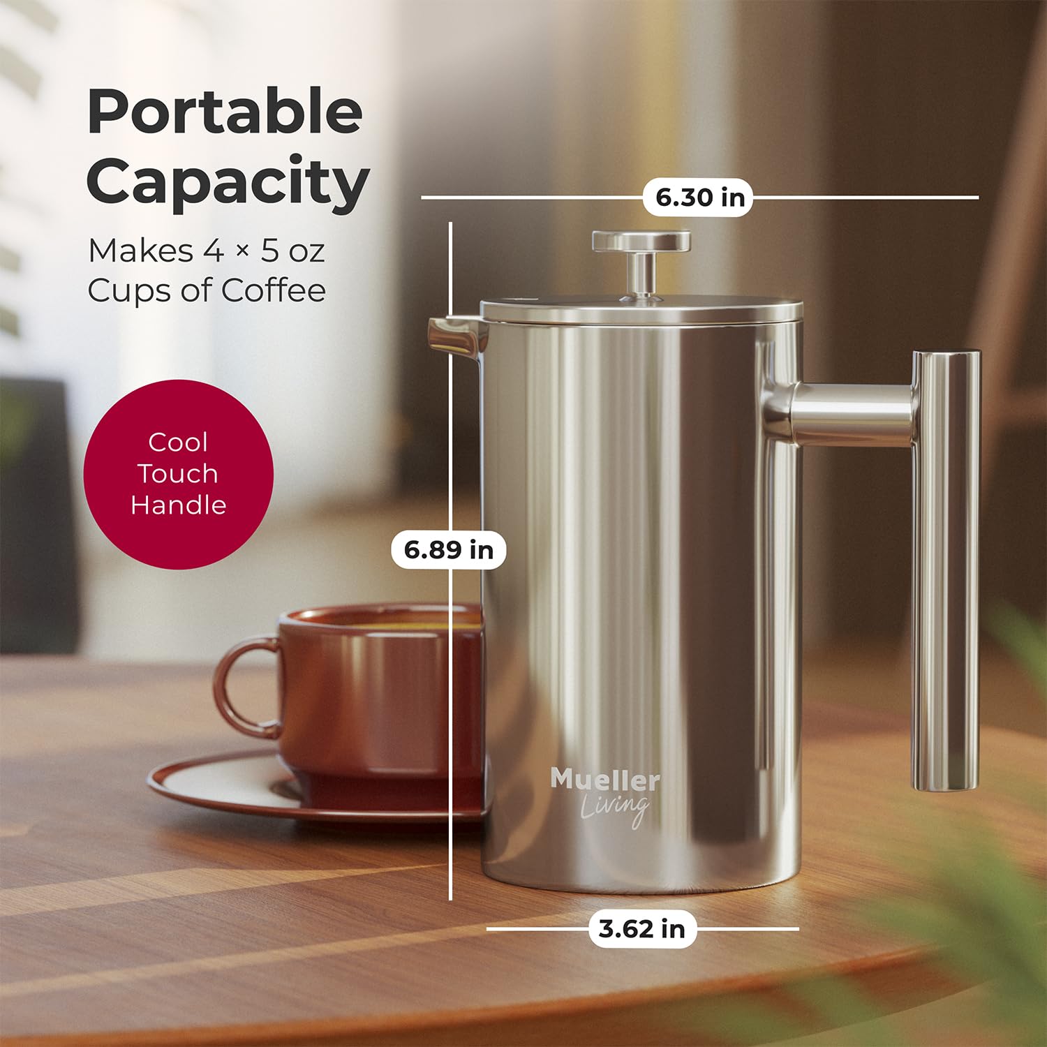 MuellerLiving 20oz double-wall insulated press keeps beverages hot and travel-ready.