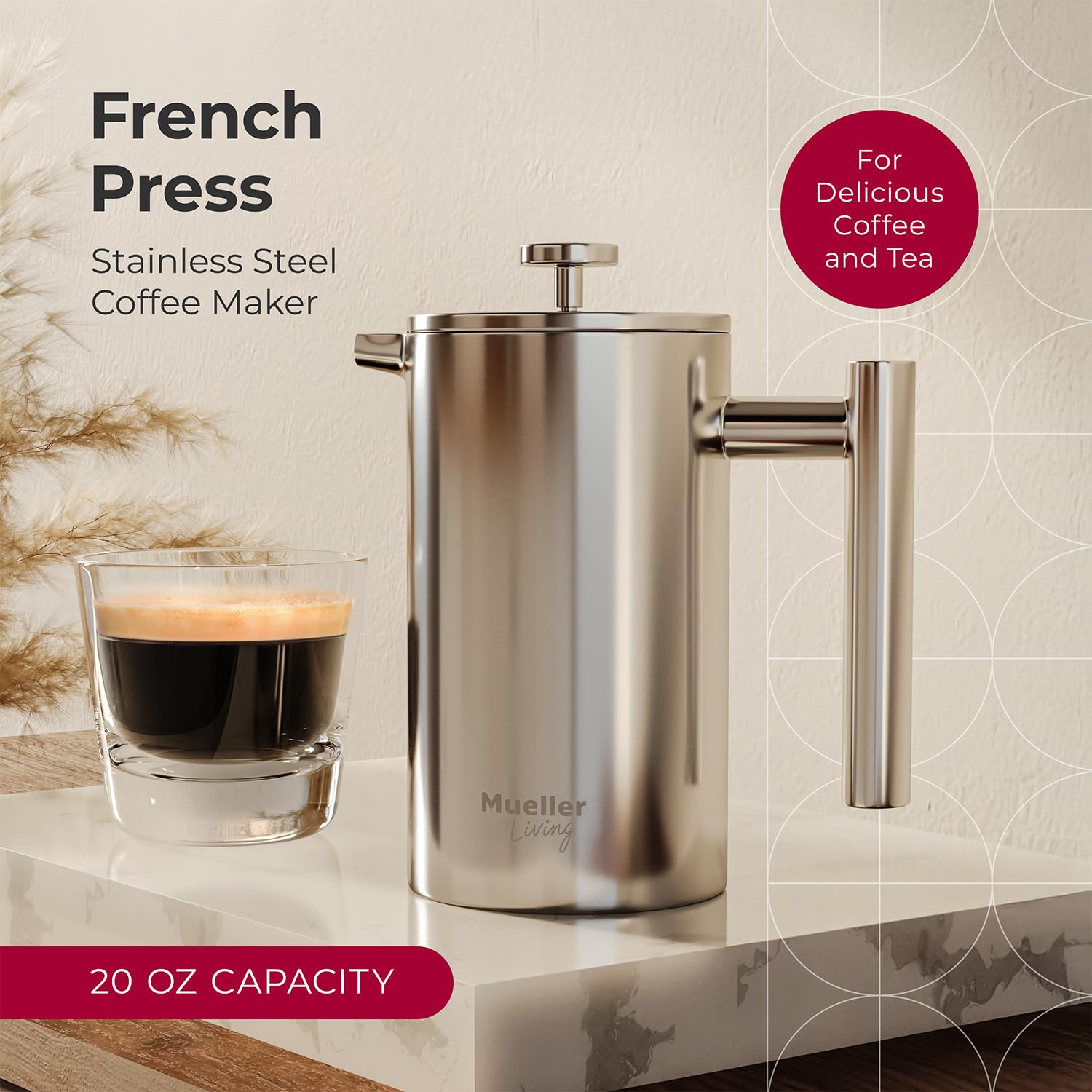 MuellerLiving 20oz French Press with a durable stainless steel body for long-lasting use.