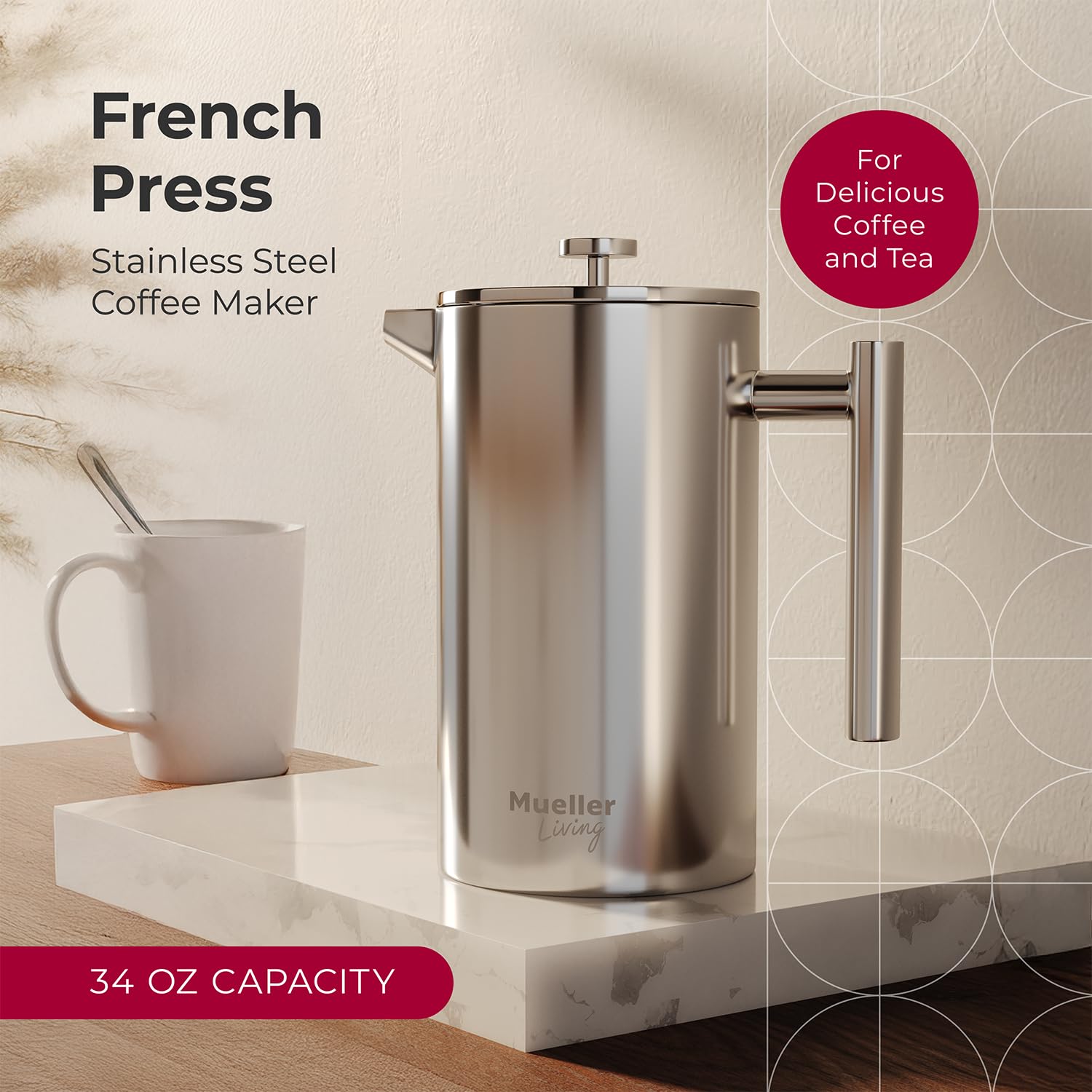 Double-wall insulated MuellerLiving French Press carafe keeps heat longer