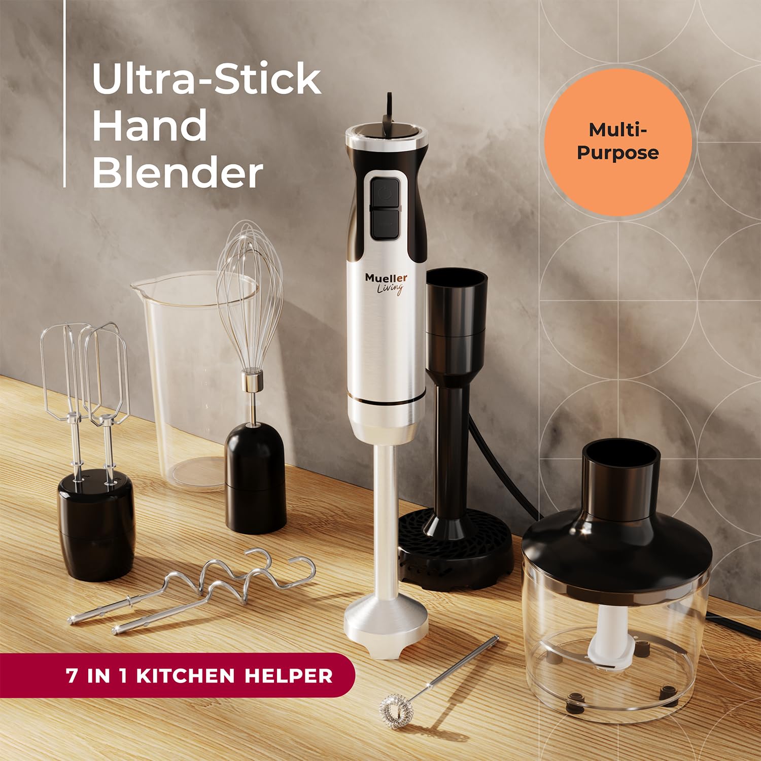 MuellerLiving immersion blender attachments including shaft and frother for smoothies and soups.