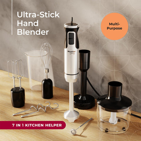 MuellerLiving immersion blender attachments including shaft and frother for smoothies and soups.