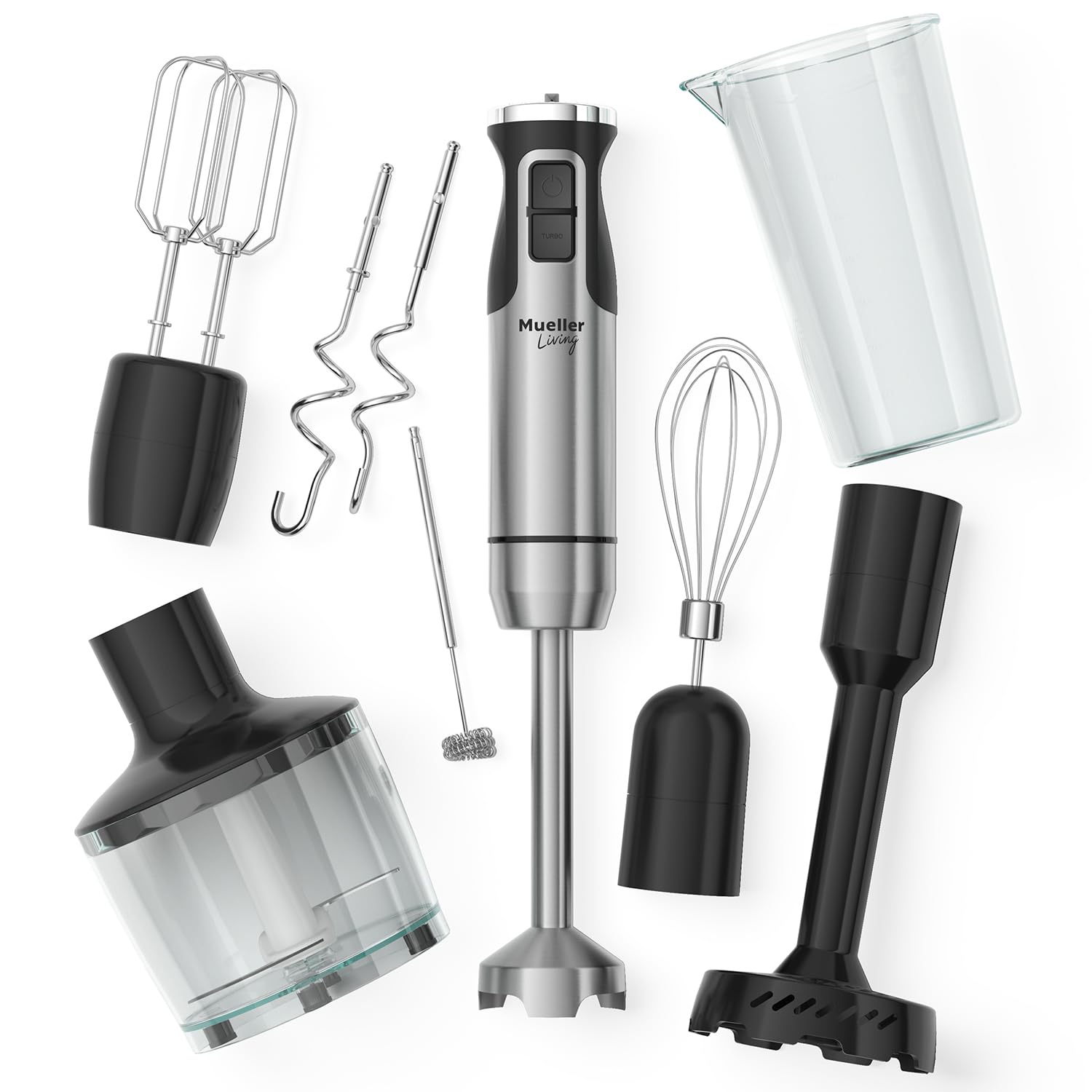 MuellerLiving immersion blender full set shown for versatile blending and whipping.