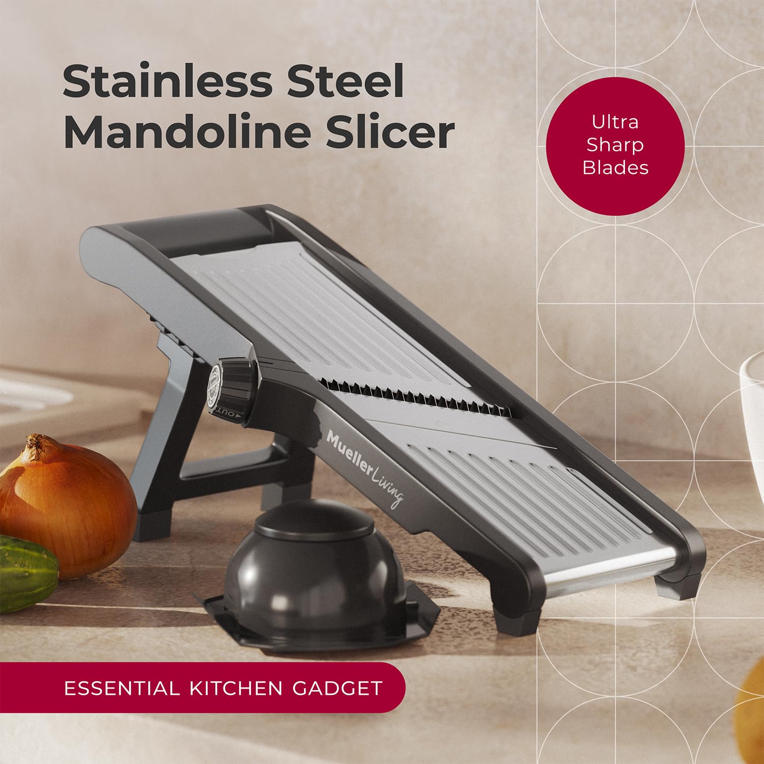 MuellerLiving mandoline dial shows thickness control from 1.0 to 9.0 mm.