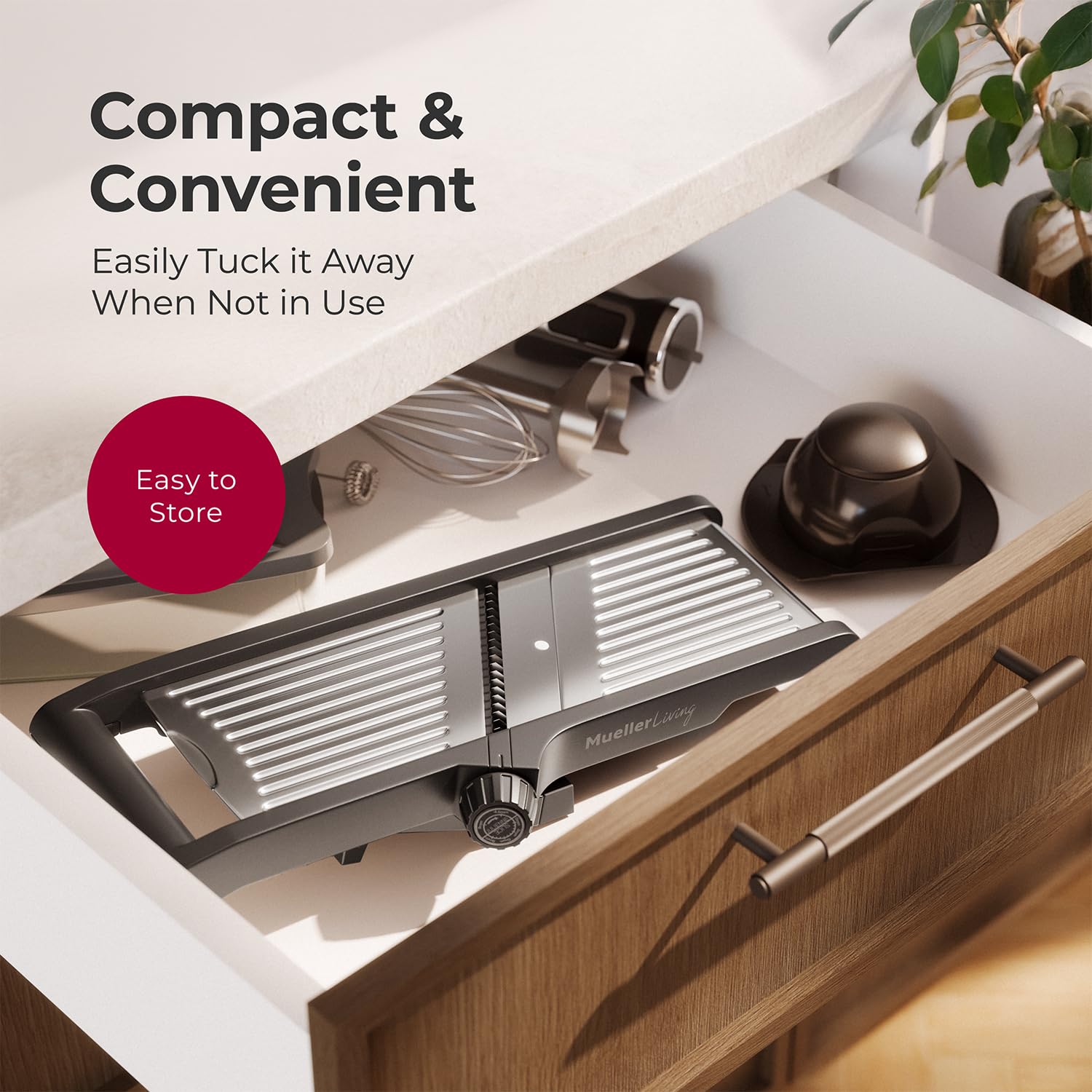 MuellerLiving mandoline dishwasher-safe design for easy cleanup.