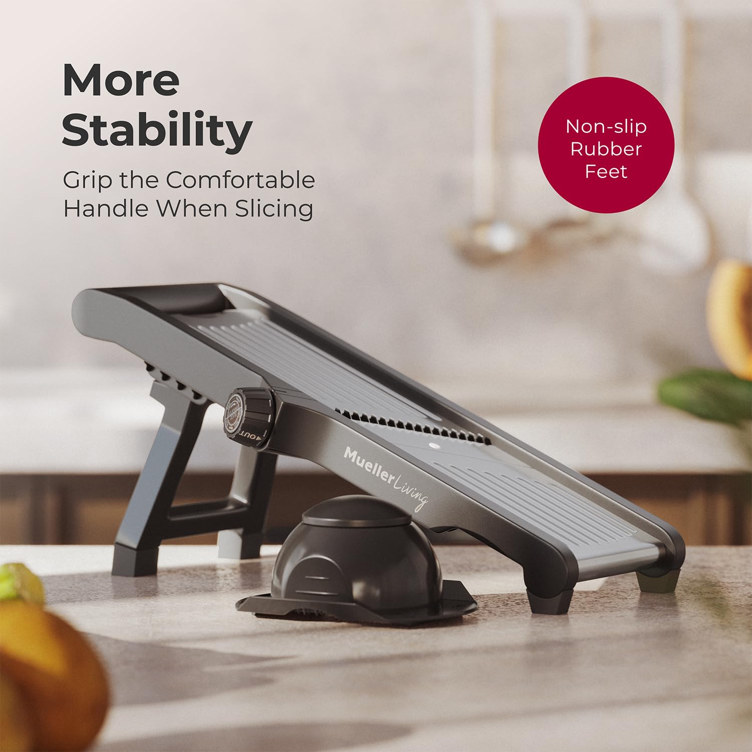 MuellerLiving mandoline folds flat for compact storage.