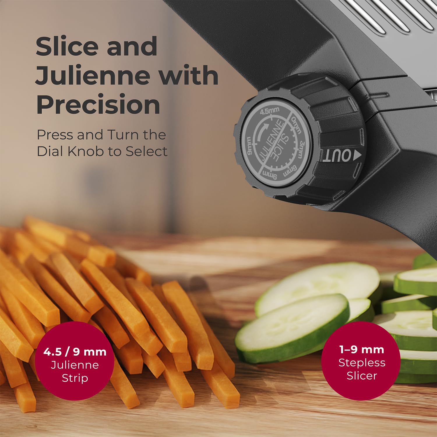 MuellerLiving mandoline julienne view for uniform sticks.
