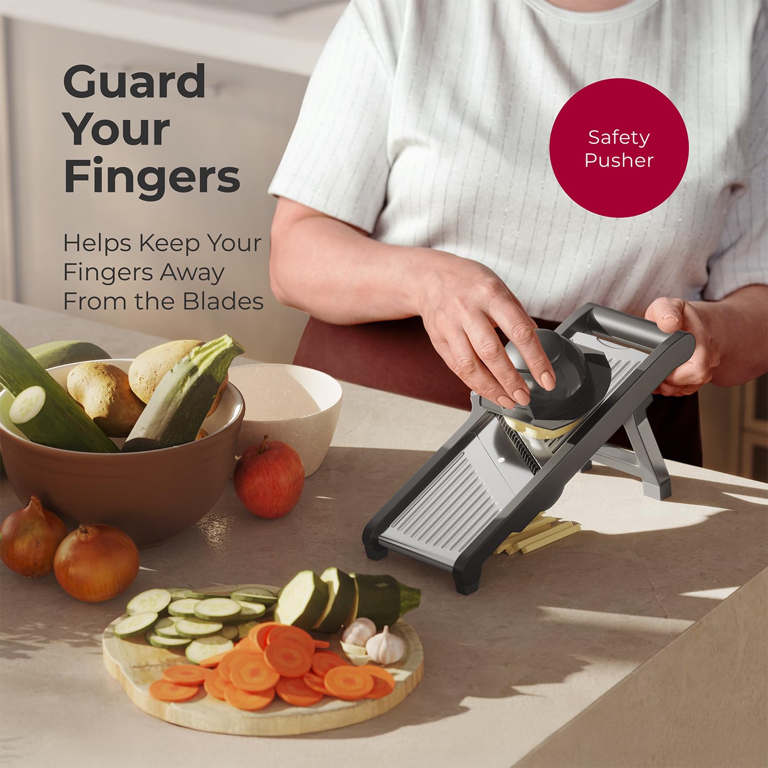 MuellerLiving mandoline sliced vegetables display even slices.