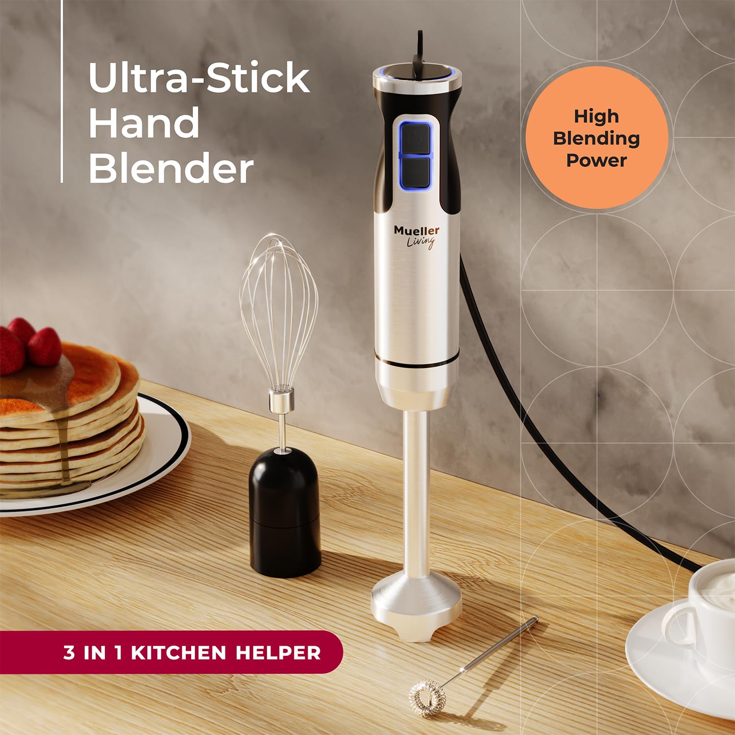 MuellerLiving Ultra-Stick milk frother creates creamy foams for lattes.
