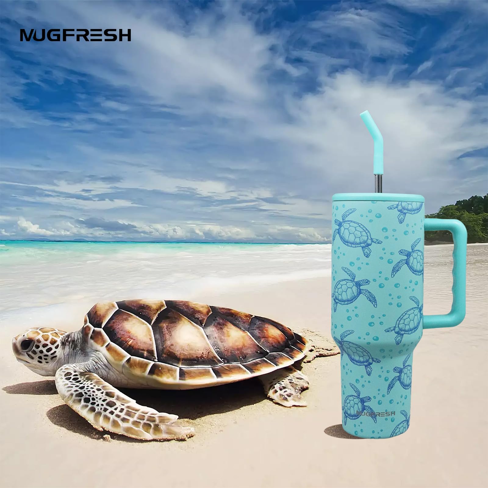 MugFresh Sea Turtle Tumbler with straw for easy sipping anywhere.