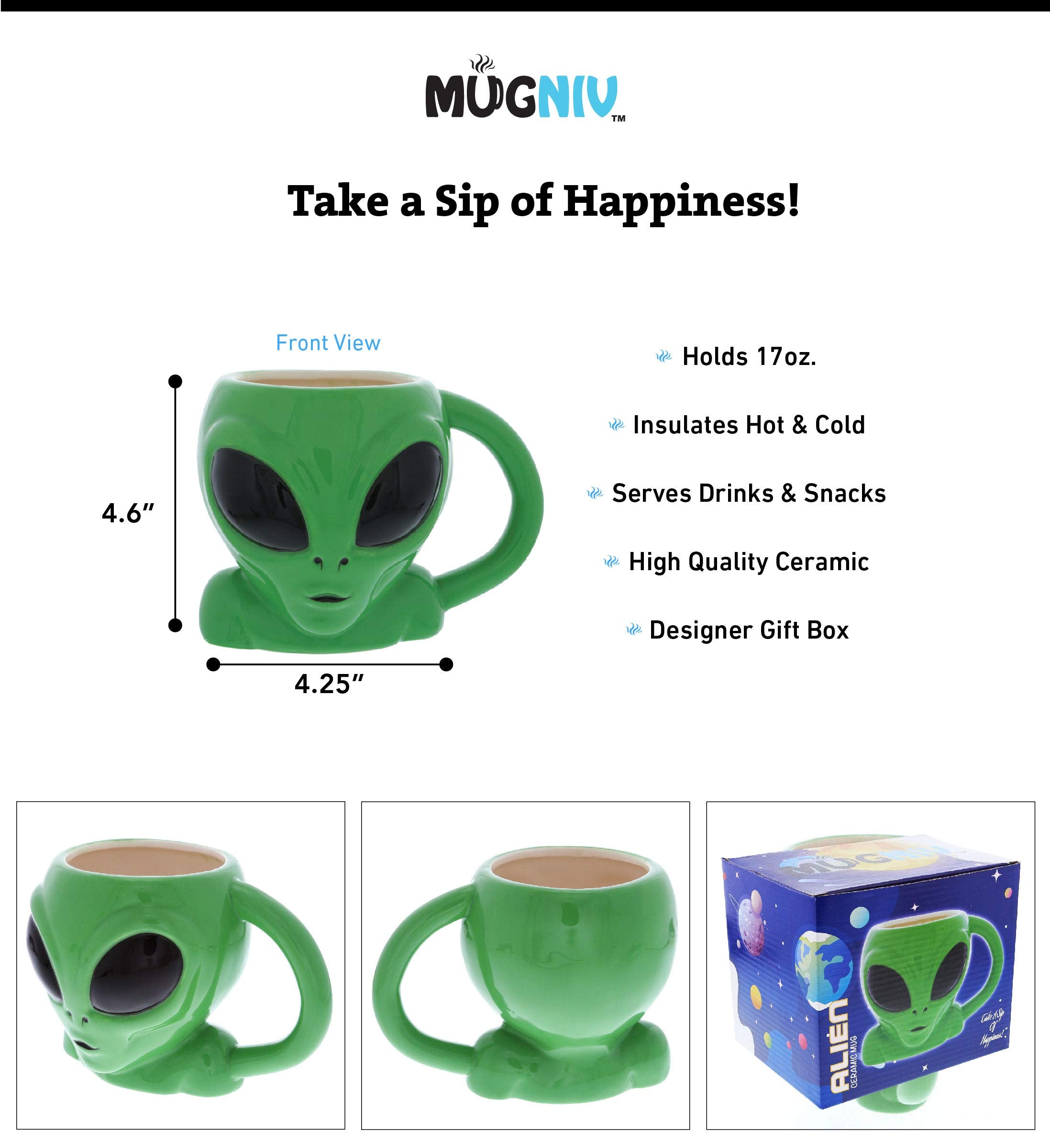 MUGNIV Green Alien mug top view highlights quirky charm and large 17-ounce capacity