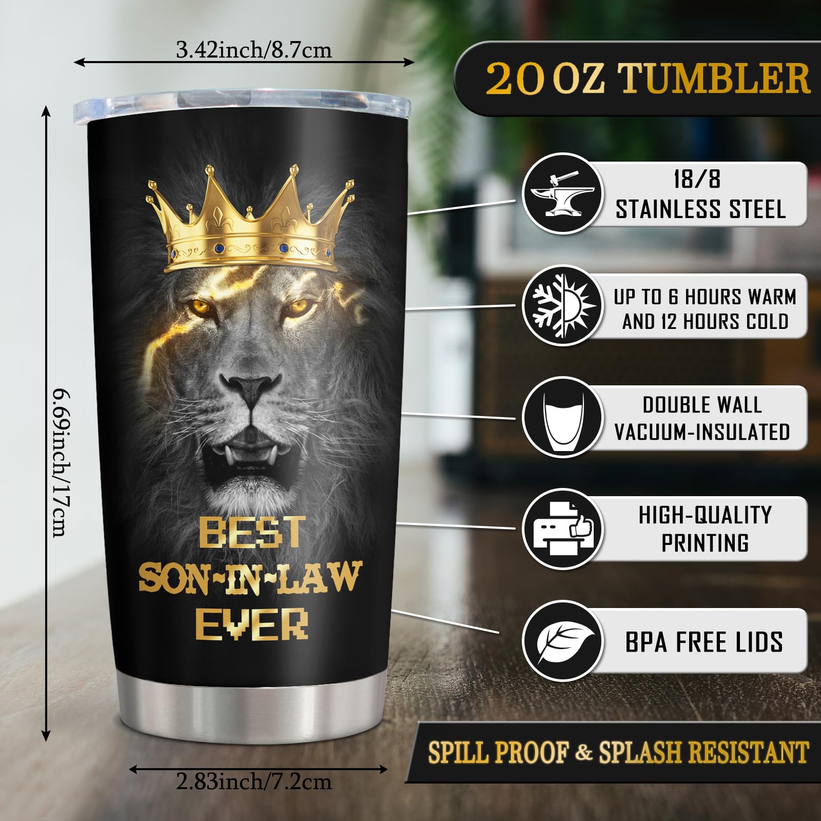 Muilzon Son-in-Law Tumbler 20oz double-wall insulation highlights heat retention and cold beverage support.