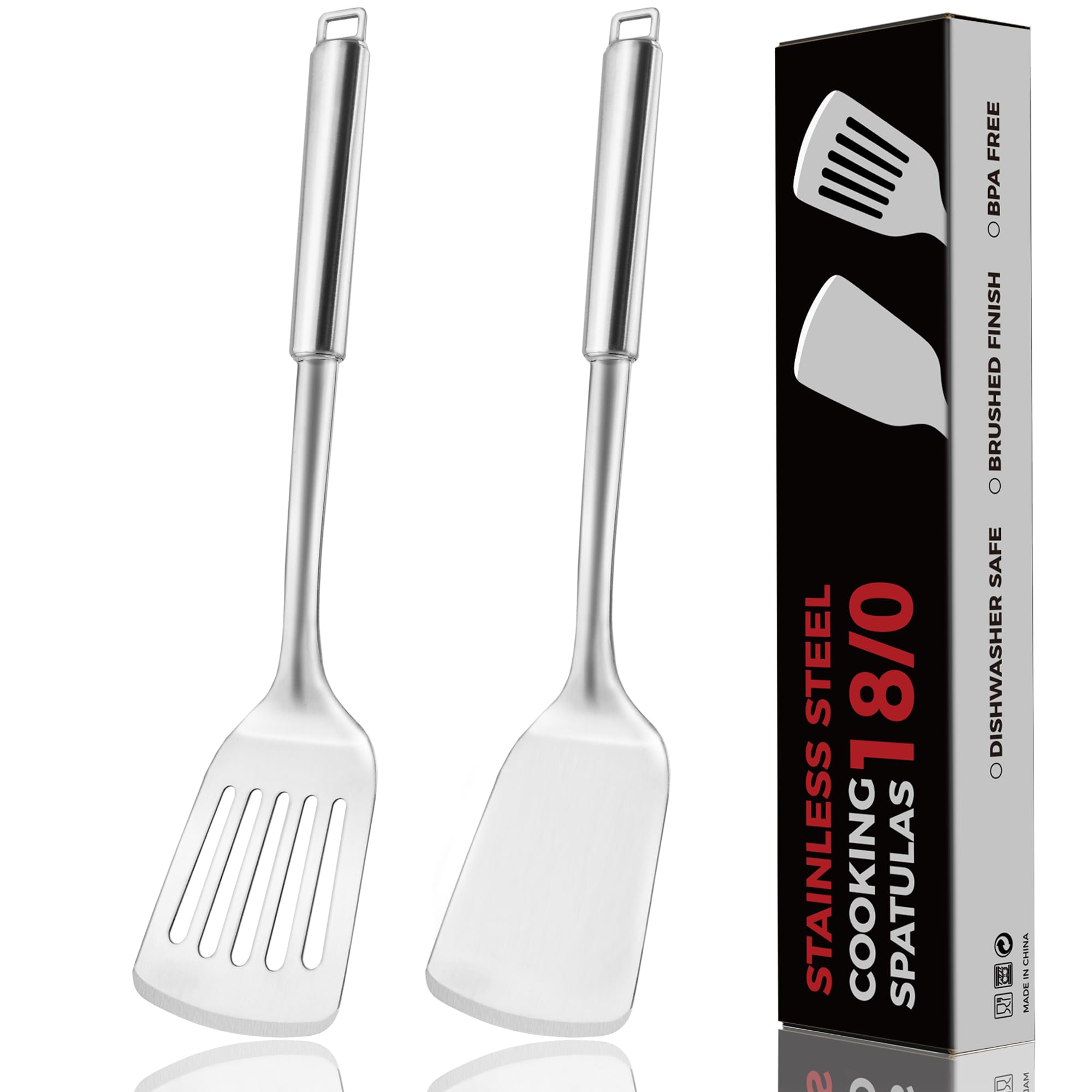 MUJINON 14.5-inch turner spatula for effortless flipping on stainless pans.