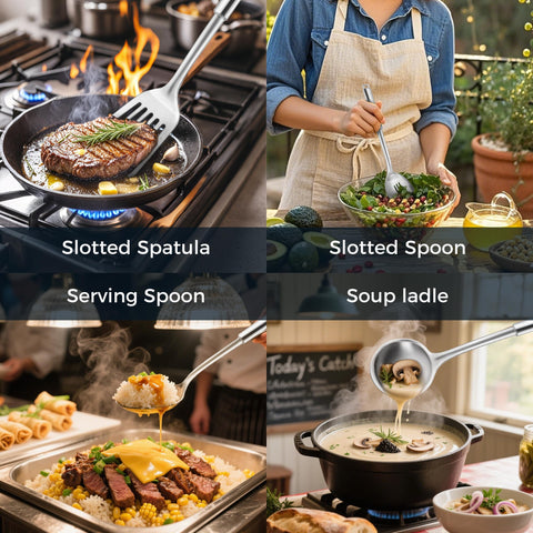 MUJINON 18/0 spatula with beveled edge for precise flipping in stainless pans