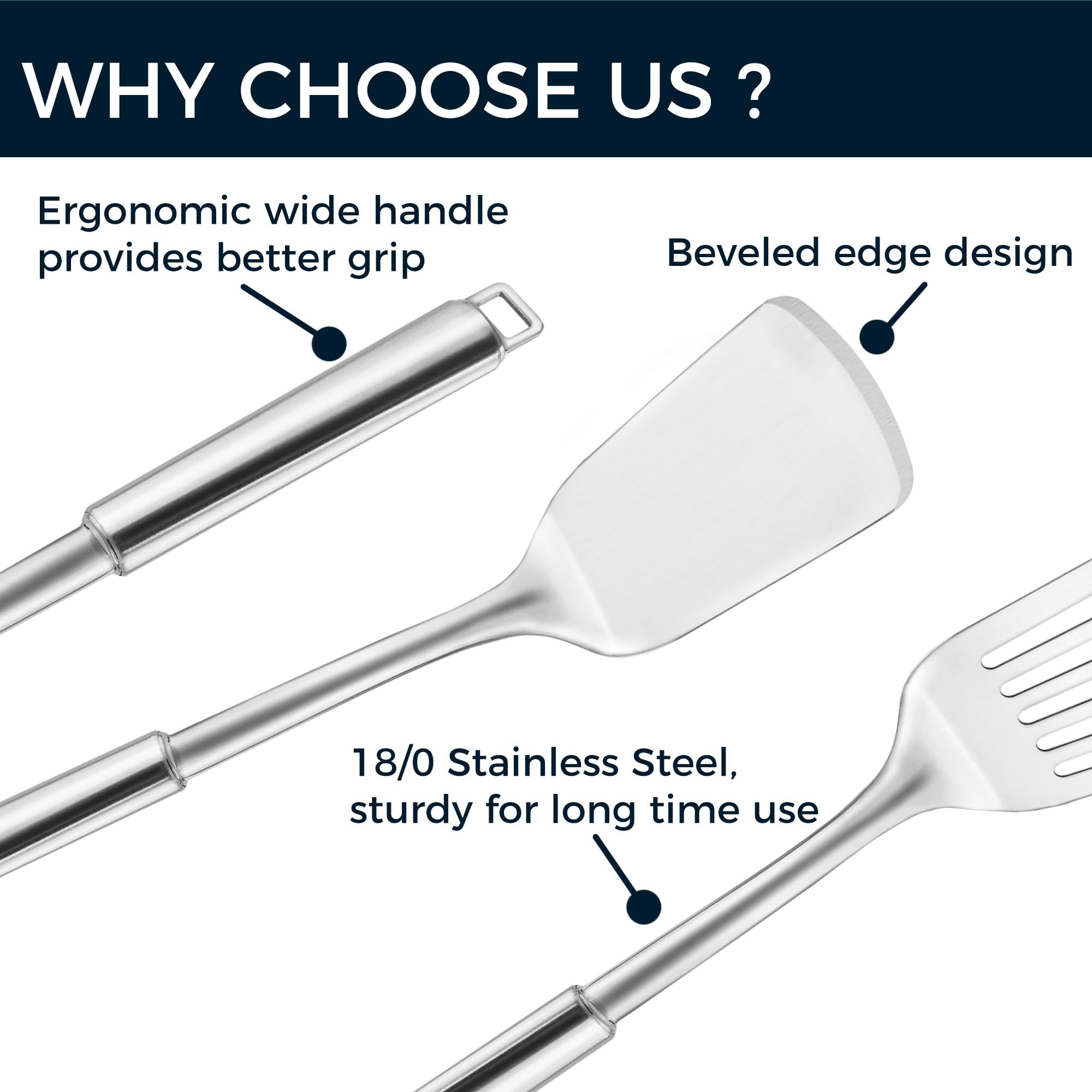 MUJINON beveled-edge stainless spatula for easy under-food lifting and control.