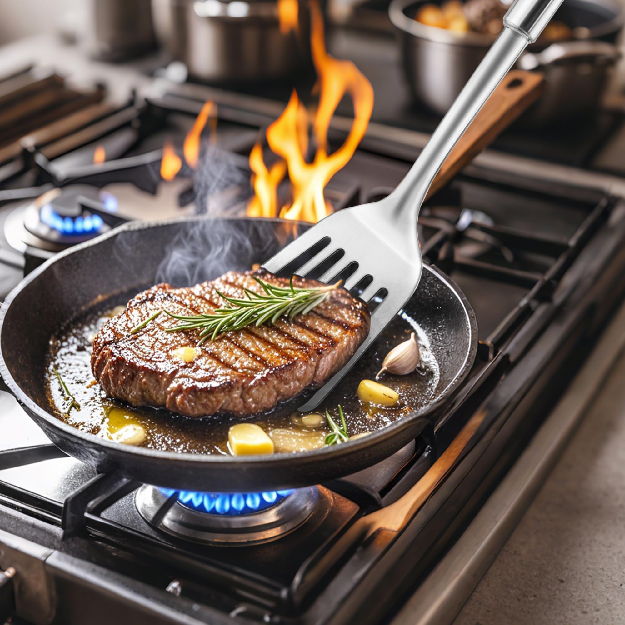 MUJINON heavy-duty stainless steel spatula with solid heft for robust turning.