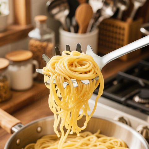 MUJINON kitchen utensils on counter highlighting versatile use for pasta and frying