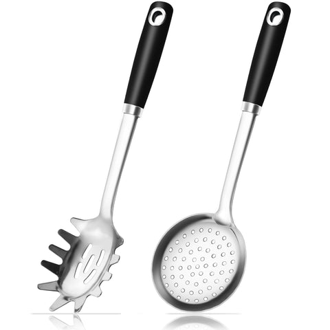 MUJINON pasta server in 18/0 stainless steel for efficient draining and serving pasta
