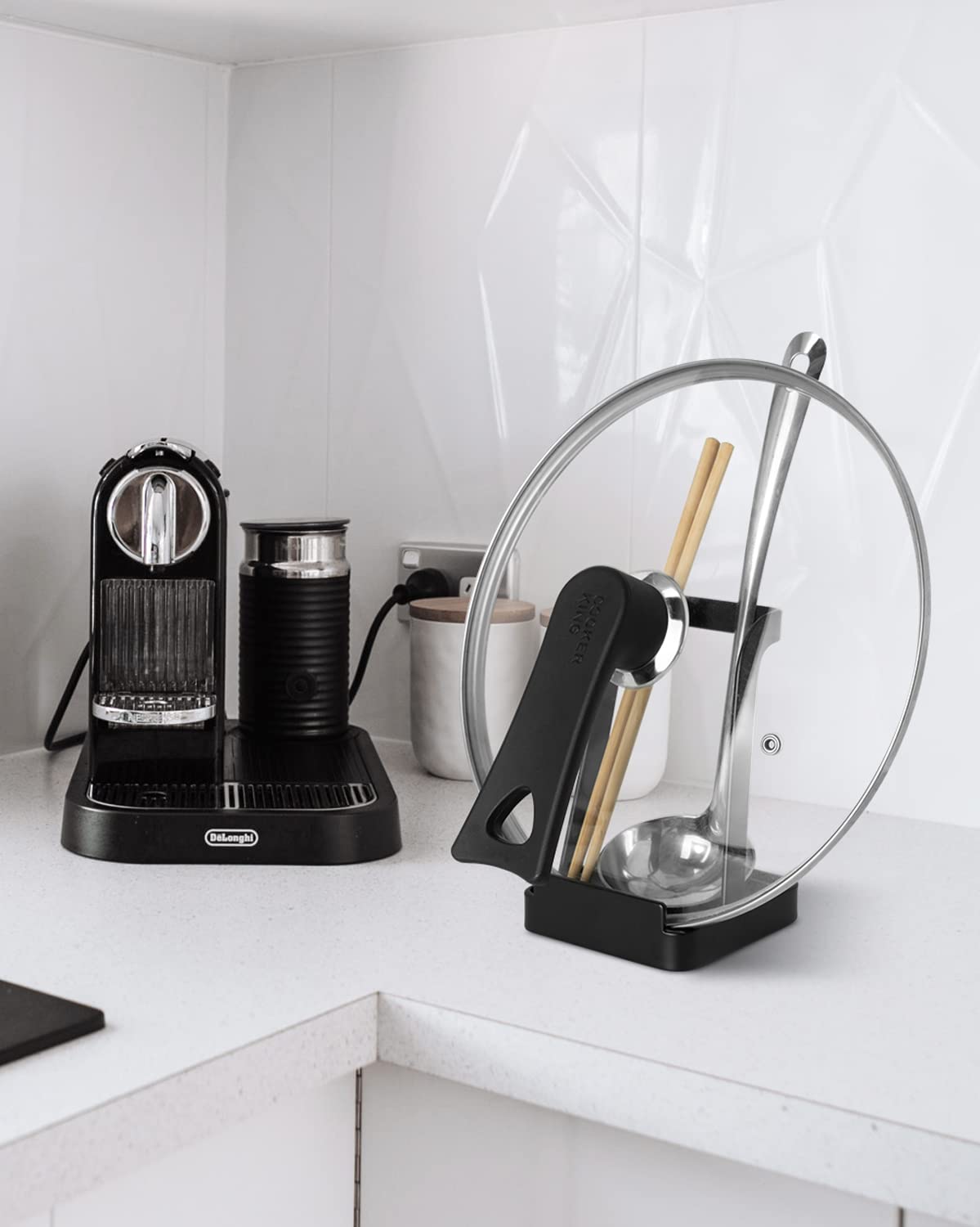 Mukkuri pot lid holder helps organize lids and reduce counter clutter.