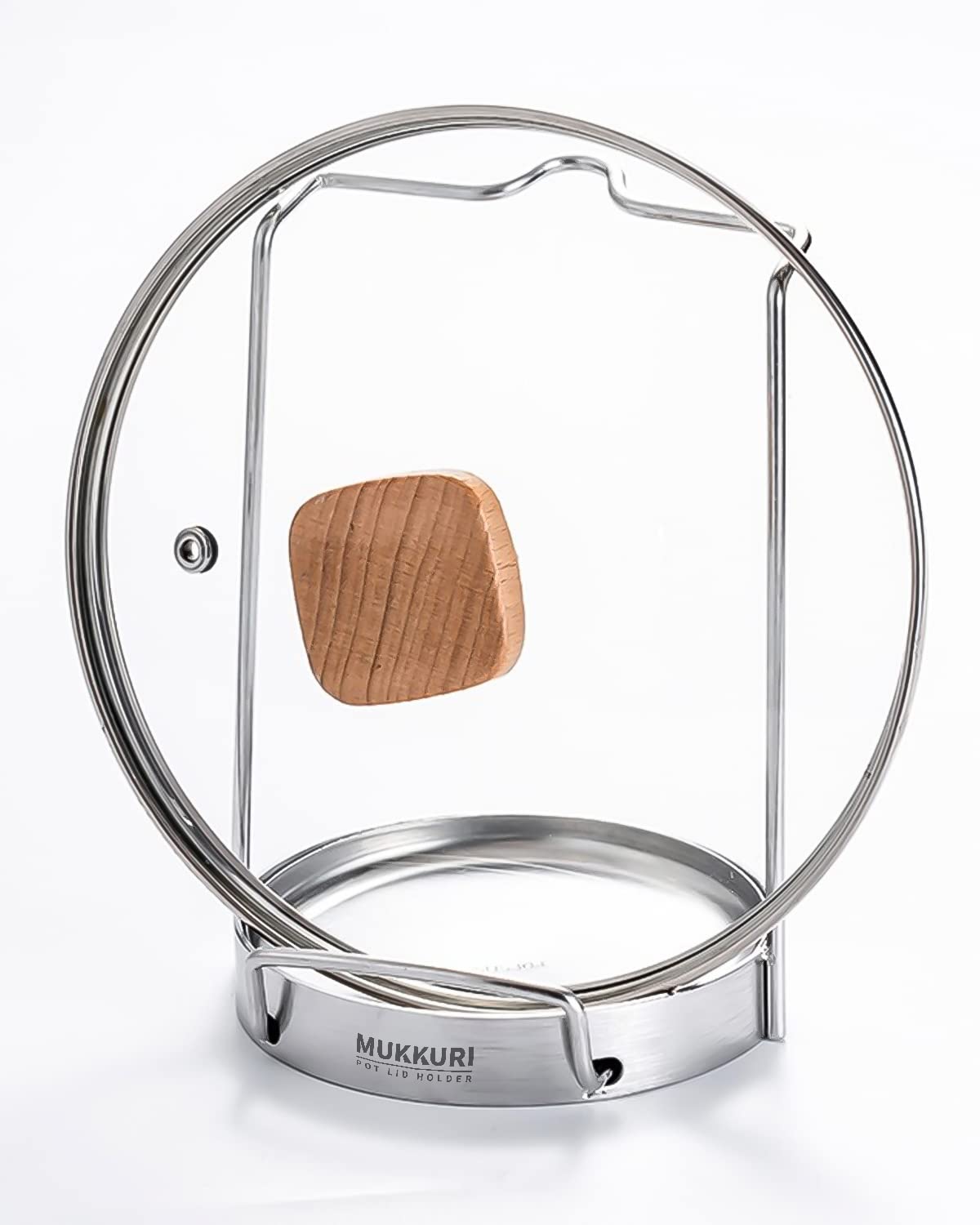 Mukkuri stainless steel lid holder shown beside a stovetop for rustproof durability