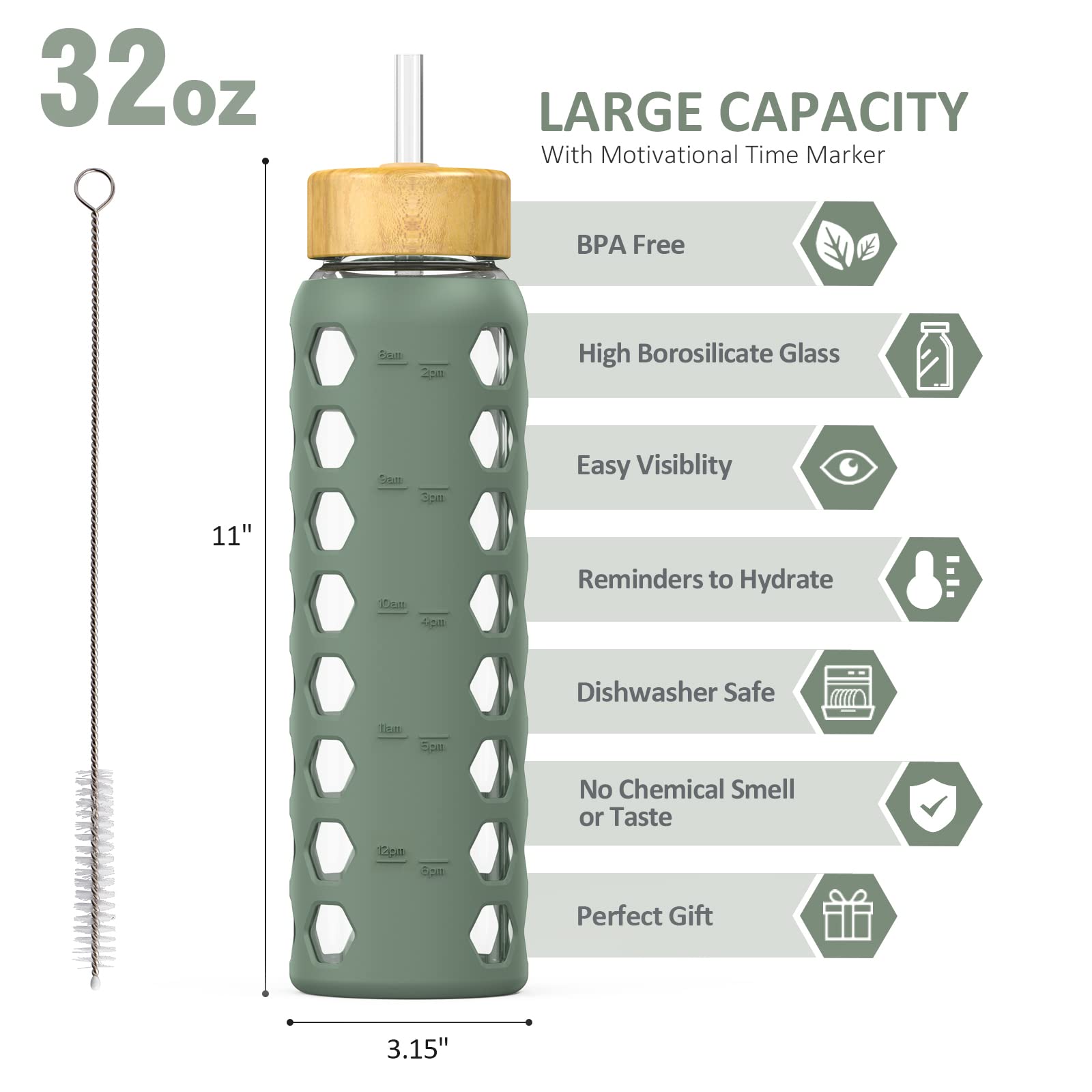 MUKOKO 32oz bottle with bamboo straw lid for sipping at home or office.