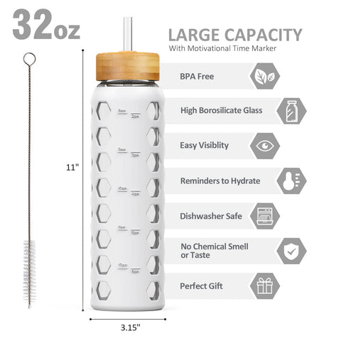 MUKOKO 32oz glass bottle with bamboo straw lid for easy sipping