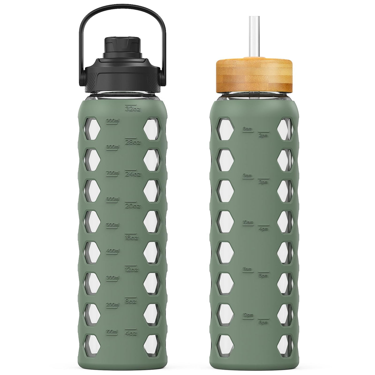 MUKOKO 32oz glass bottle with spout lid for easy one-handed hydration on the go.
