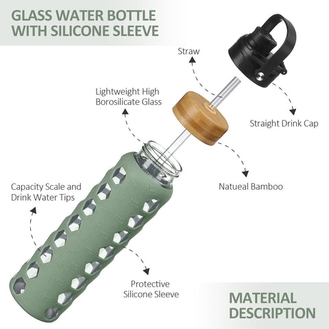 MUKOKO 32oz glass bottle with time marker to track intake.