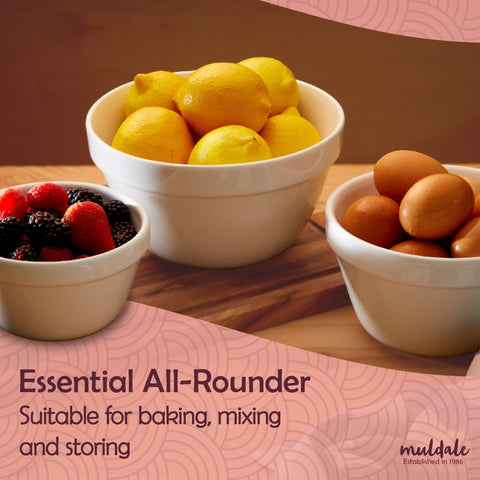 Muldale stackable porcelain pudding bowls save space during holiday prep.