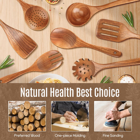 Mulbom 7-piece teak strainer spoon designed for quick draining