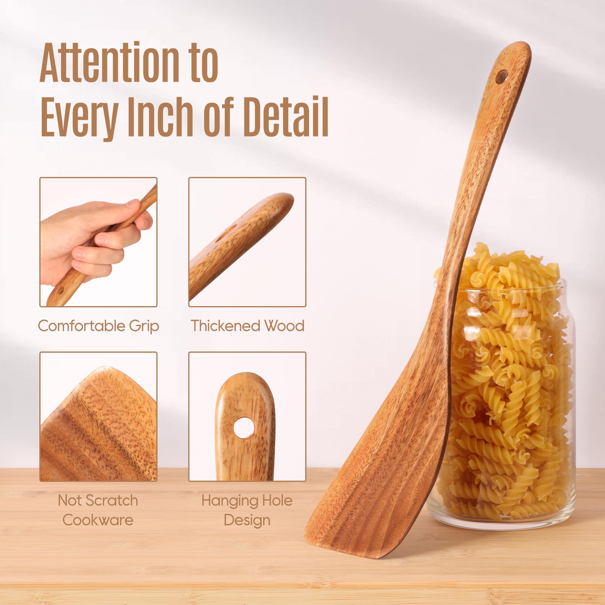 MULBOM teak wooden frying spatula demonstrating gentle non-stick scraping.