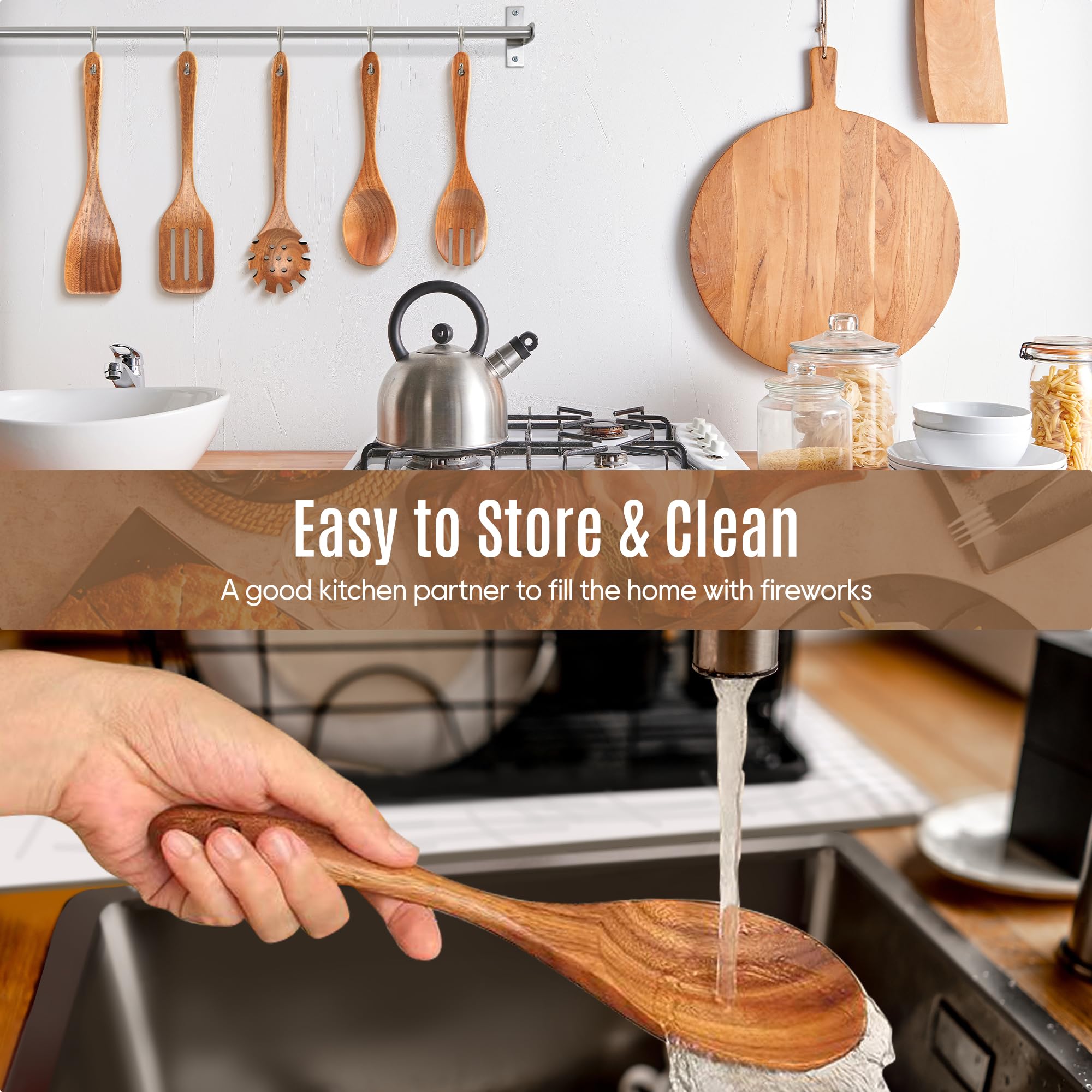 MULBOM teak wooden slotted spatula highlighting efficient drainage while cooking.