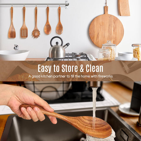 MULBOM teak wooden slotted spatula highlighting efficient drainage while cooking.
