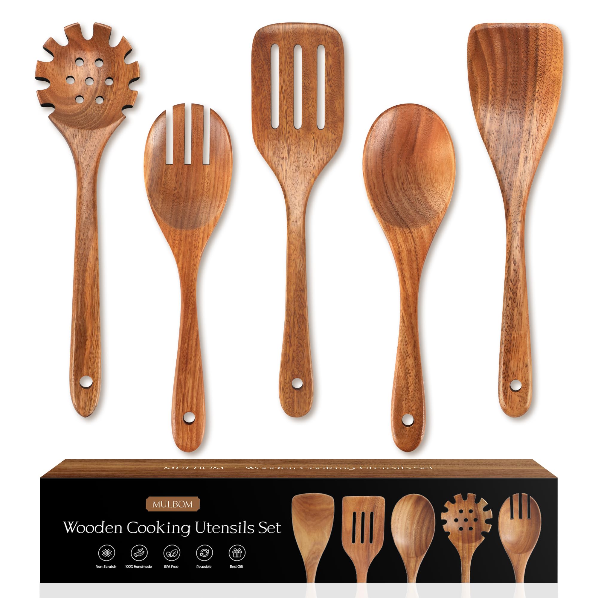 MULBOM teak wood salad forks with smooth surface for easy tossing.