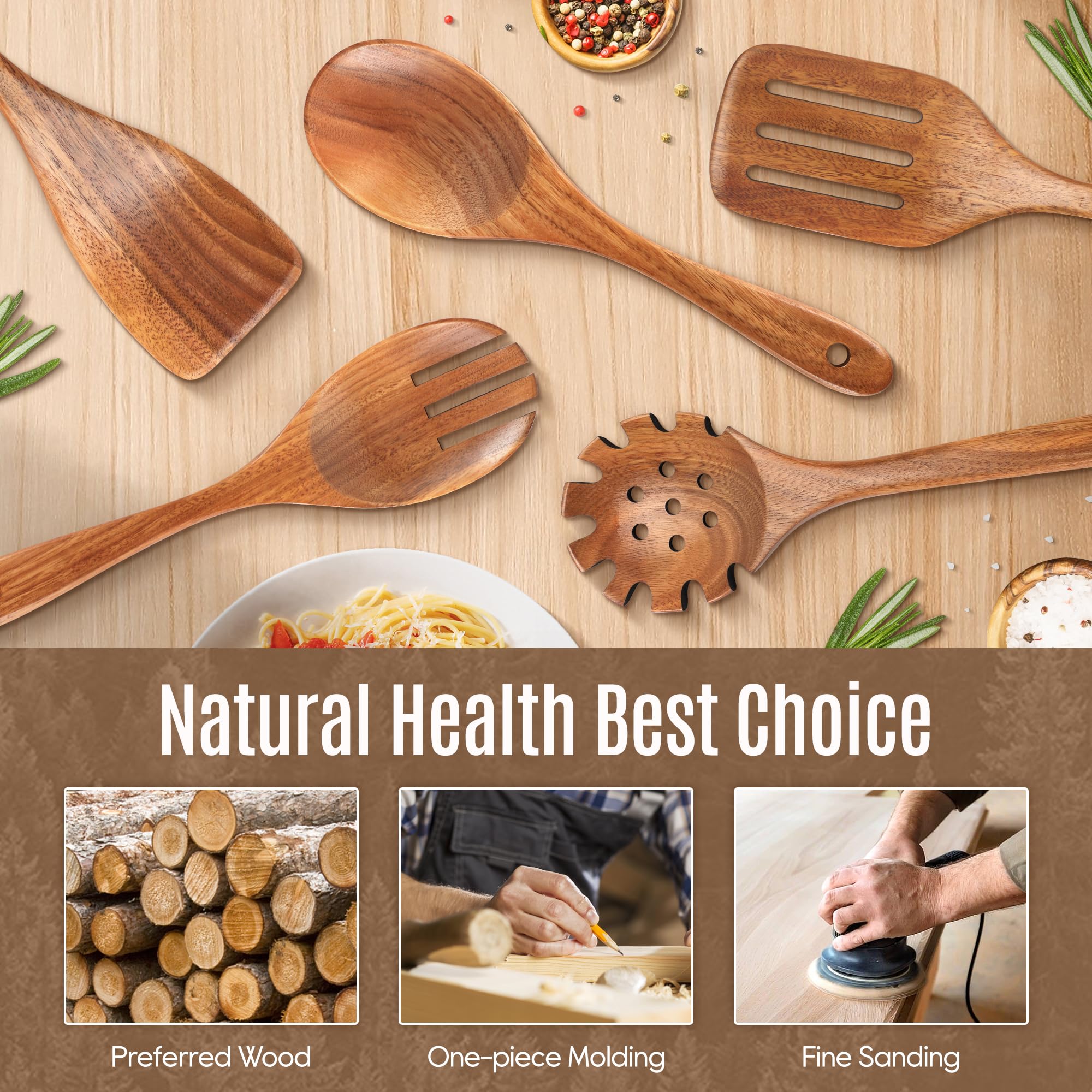 MULBOM teak wood salad spoons showcasing natural grain for delicate mixing.