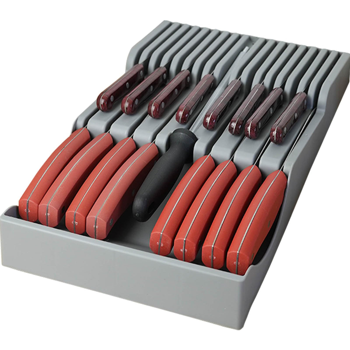 Mulikeer knife holder in-drawer top view showing organized knife slots and space-saving design