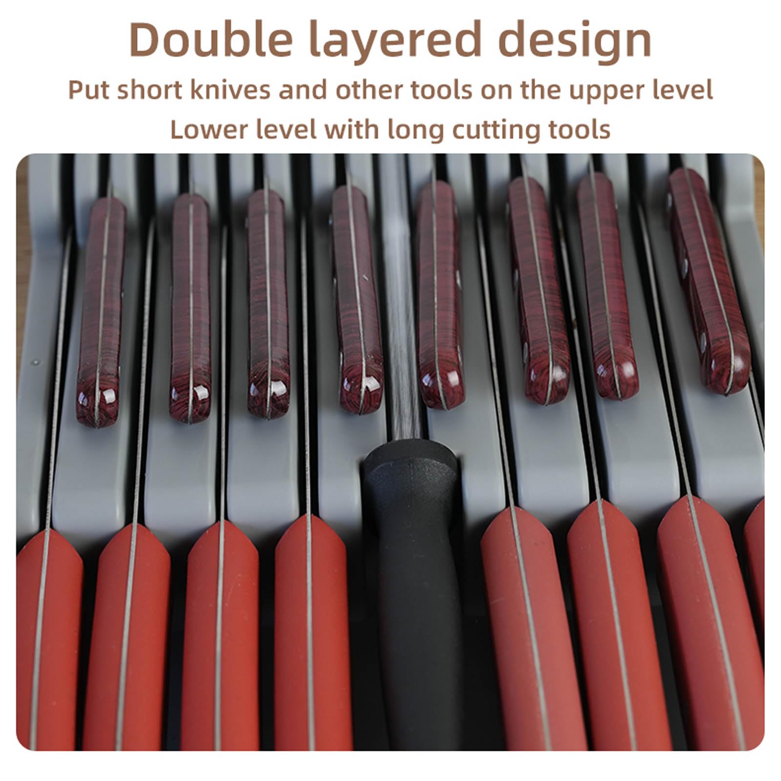Mulikeer in-drawer layout with eight 9.45-inch knife slots for medium blades