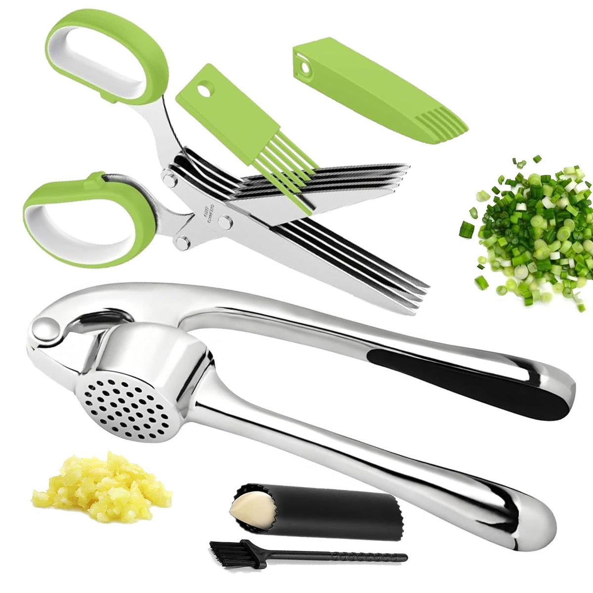 MULIRE garlic press and herb scissors set enabling fast garlic mincing and herb prep.