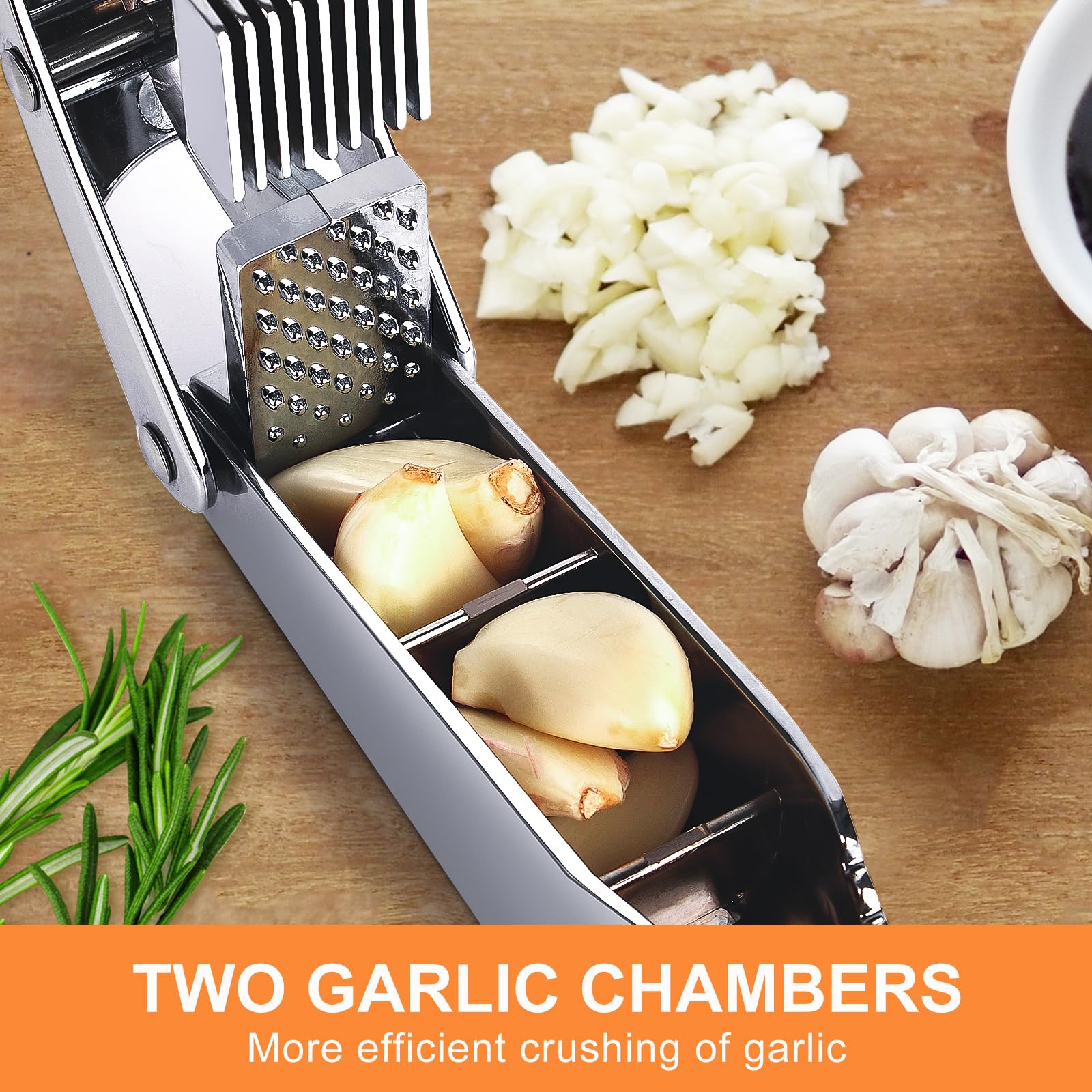 Mulire garlic press action crank demonstrates effortless mincing and slicing.