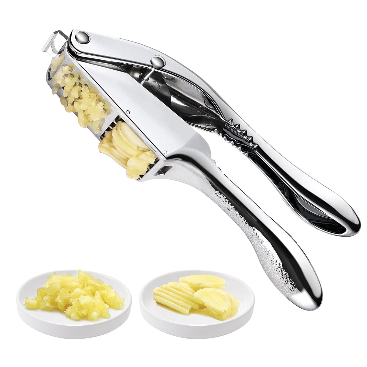 Mulire 2-in-1 garlic press and slicer front view for quick prep.