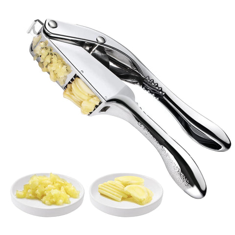 Mulire 2-in-1 garlic press and slicer front view for quick prep.