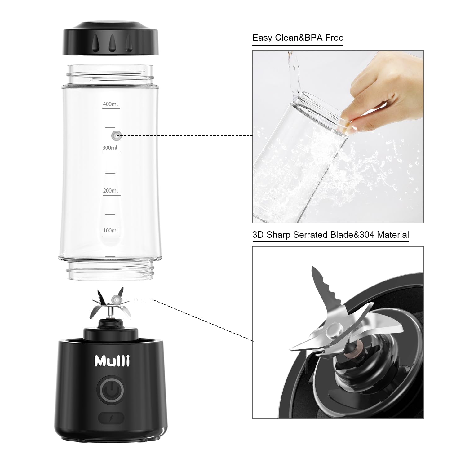 Mulli portable blender with six blades designed for high rpm blending.