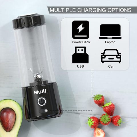 Mulli portable blender powered by USB rechargeable battery for on-the-go use.