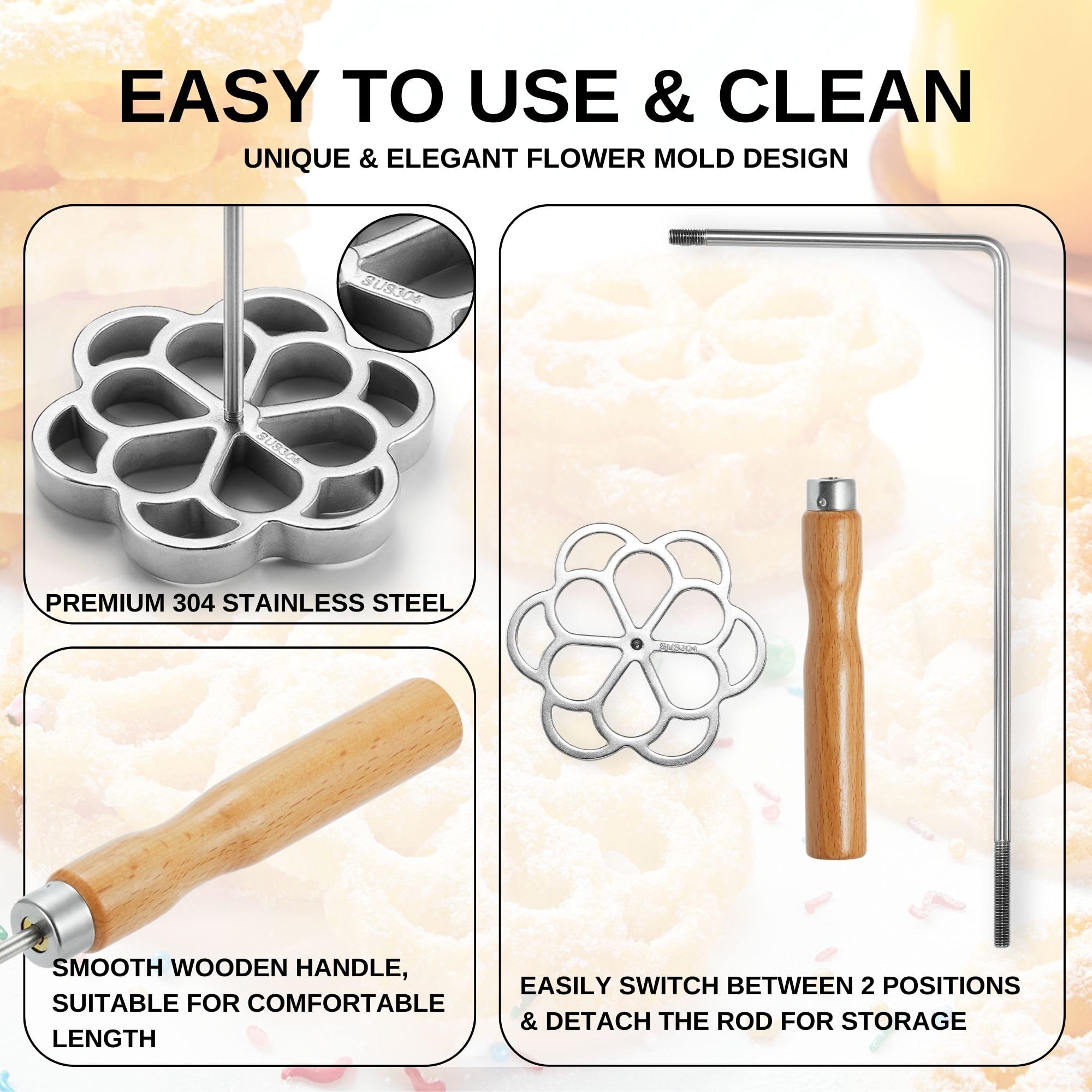Detachable-handle bunuelos mold for safer, cleaner culinary practice.