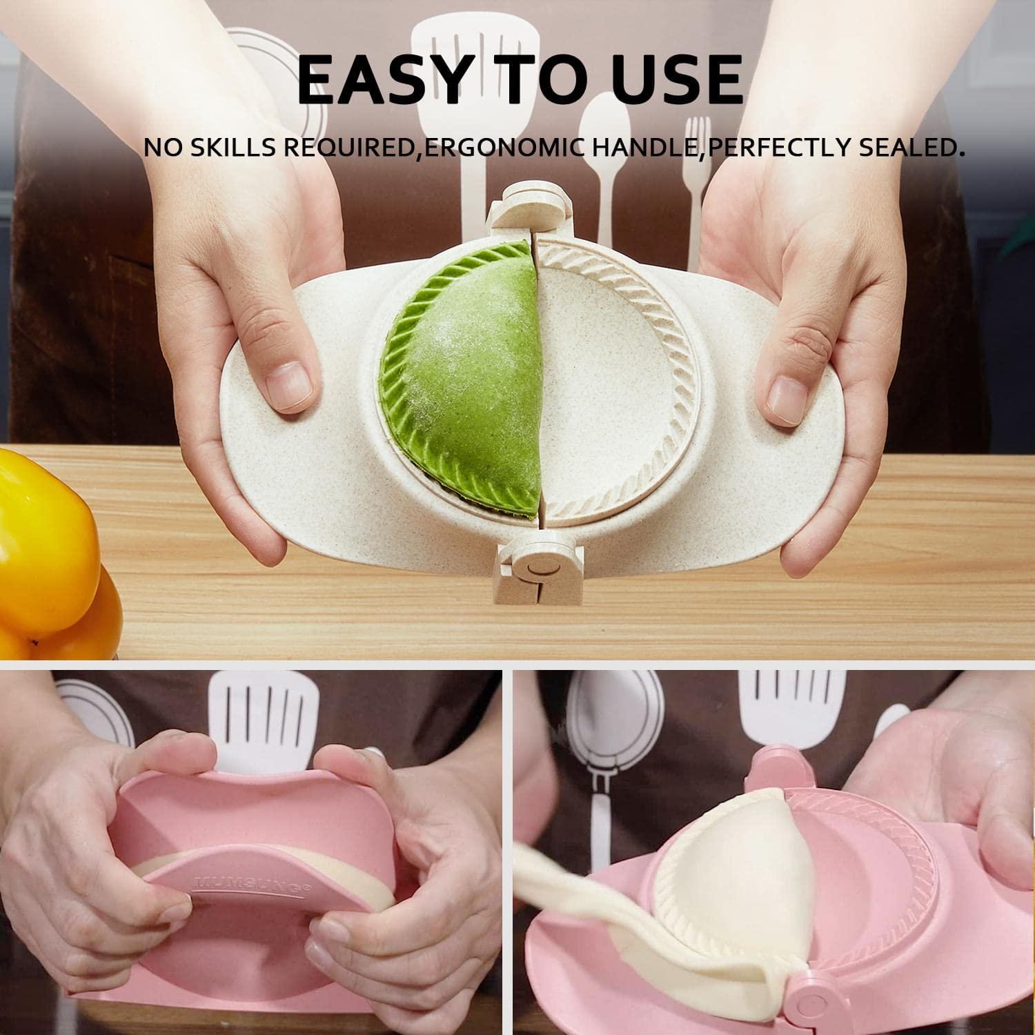 MUMSUNG 4-inch dumpling press for even batches and crisp edges.