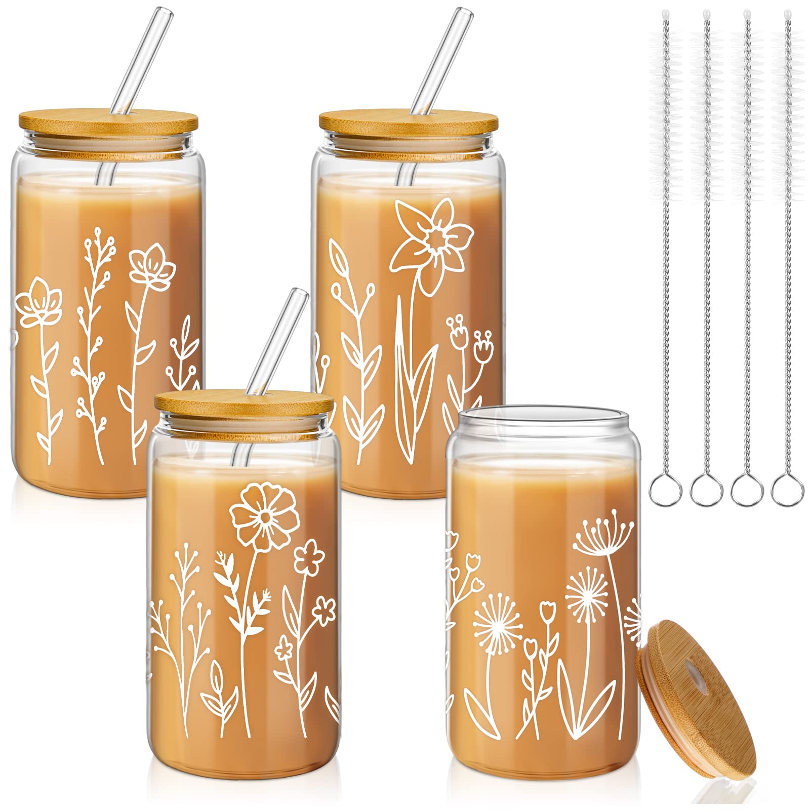 Mumufy boho floral glass tumbler 16 oz for iced coffee and tea