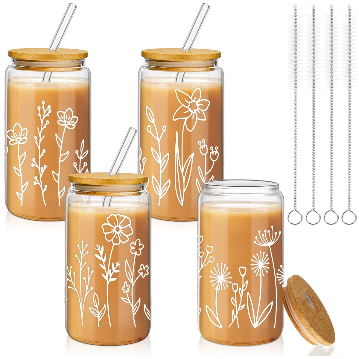 Mumufy boho floral glass tumbler 16 oz for iced coffee and tea