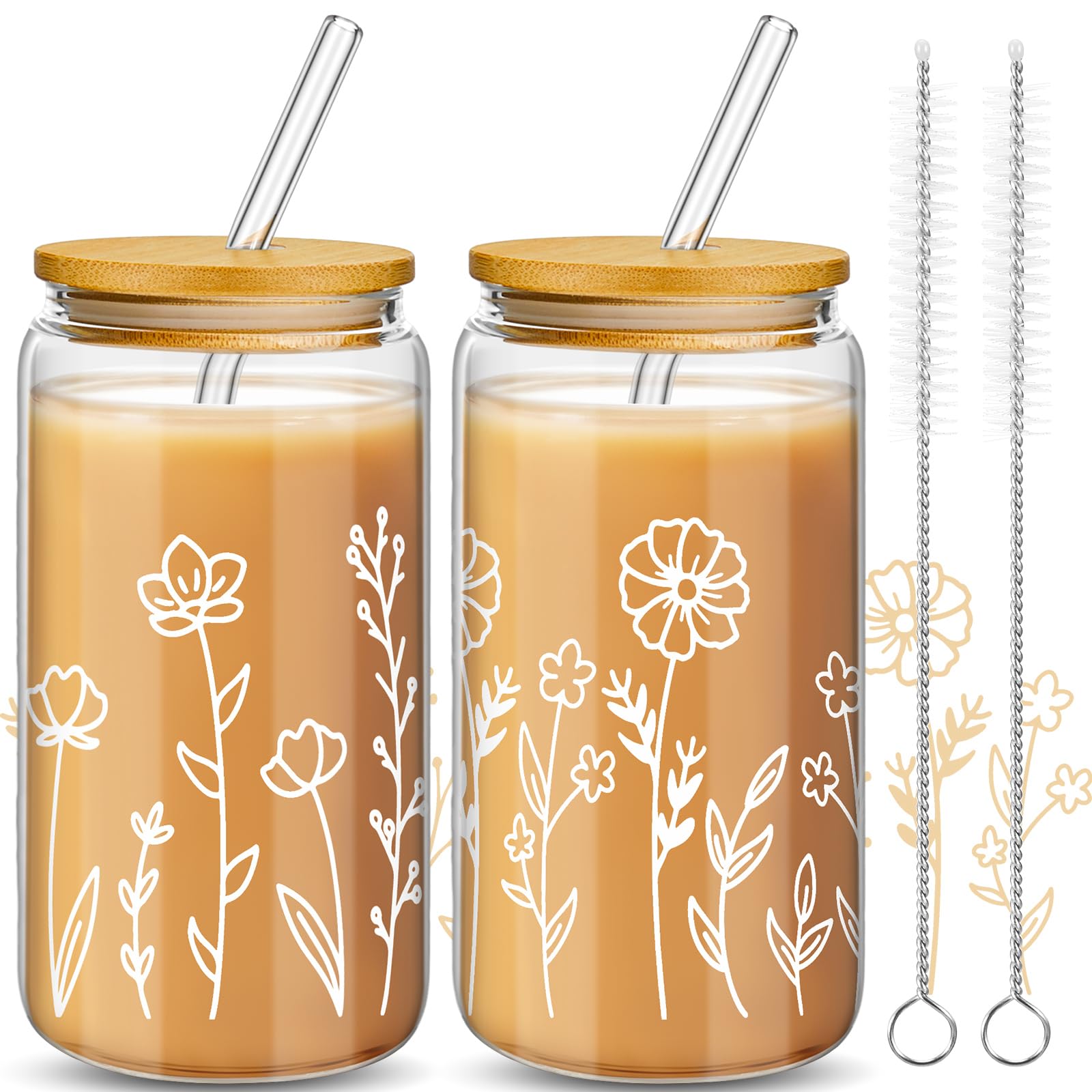 Mumufy boho flower glass cup 16oz for iced coffee and tea